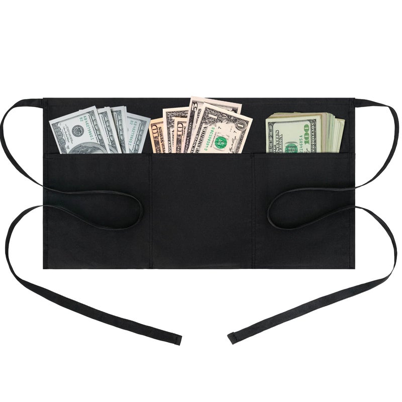 BOHARERS Server Aprons Waitress Aprons with 3 Pockets - Black for Women Men Waiter Restaurant Waist Aprons, 24 X 12 inch - Image 1
